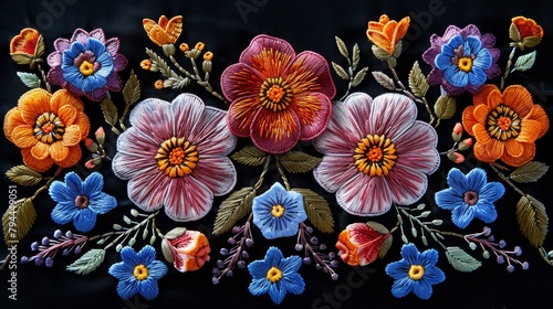 A beautiful satin stitch embroidery design with flowers. Folk line floral trendy pattern for dress necklines. Ethnic colorful fashion accessories on a black background. photo