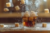 Effervescent Cola with Sugar Cubes Splashing into Glass on Warm Lit Table