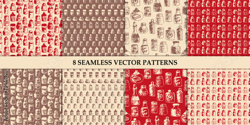 Seamless print pattern with jars and bottles with different food kitchen wallpaper background for textile, paper 