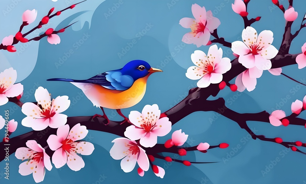 wallpaper representing a Chinese painting with plum blossoms and birds on a blue sky