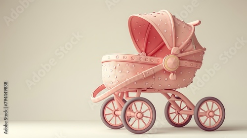 Modern illustration of toy buggy. Toy buggy, doll pram. Pink baby stroller, childish vehicle. Toy accessory, puppy cradle. Cute baby carriage isolated on white. photo