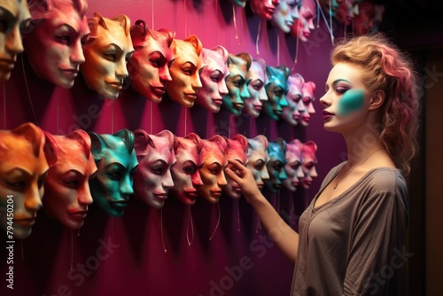 Fake emotion, character roles, intricate interplay of masks, moods, psychological defense mechanisms performed role-playing, concealing false visage for defense, theater Psychology psychoanalysis. 