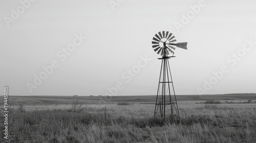 An old windmill stands tall and still against the vast expanse of the prairie its blades long since broken but its creaking sound still echoing through the air. .