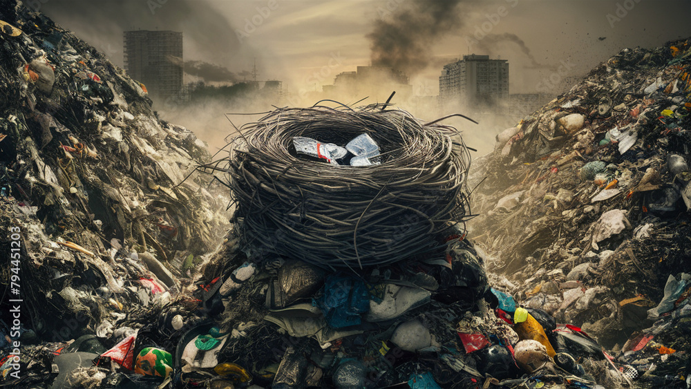 Obraz premium Environmental protection concept. A birds nest on a mountain of garbage.