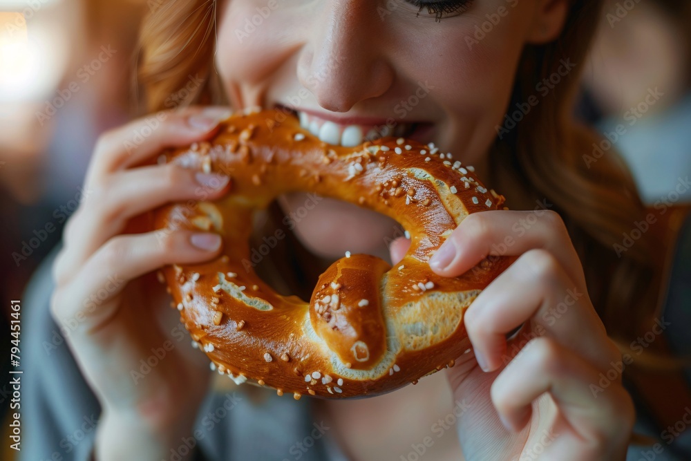 Detailed close-up of a woman munching on a crispy, salty pretzel Detailed close-up of a woman munching on a crispy, salty pretzel