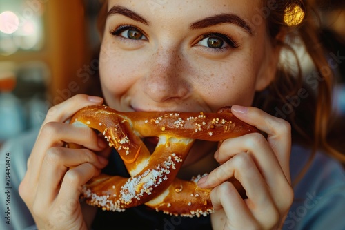 Detailed close-up of a woman munching on a crispy, salty pretzel photo