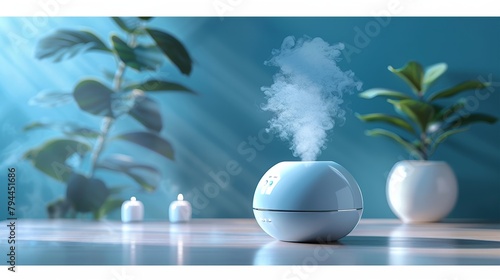 Modern air humidifier and cleaner with wet fresh steam from the electronic diffuser. Flat modern illustration isolated on white.