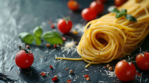 Food ingredients for italian pasta, spaghetti on black stone slate background, Copy space of your text, Banner