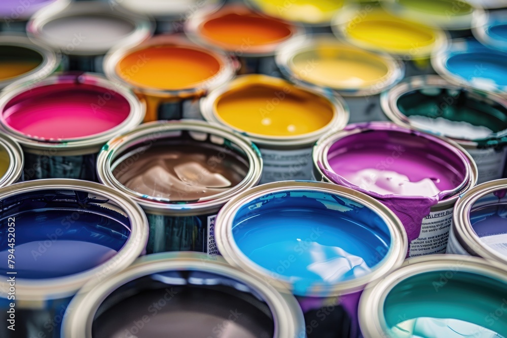 Fototapeta premium Vibrant array of open paint cans displaying a spectrum of colors for creative projects and home renovation