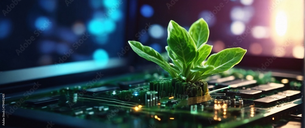 glowing plant growing on computer chip representing digital ecology business - obrazy, fototapety, plakaty 