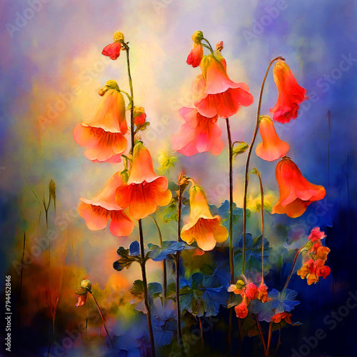 colourful dreamy watercolour oil painting splash colour of calceolaria flowers