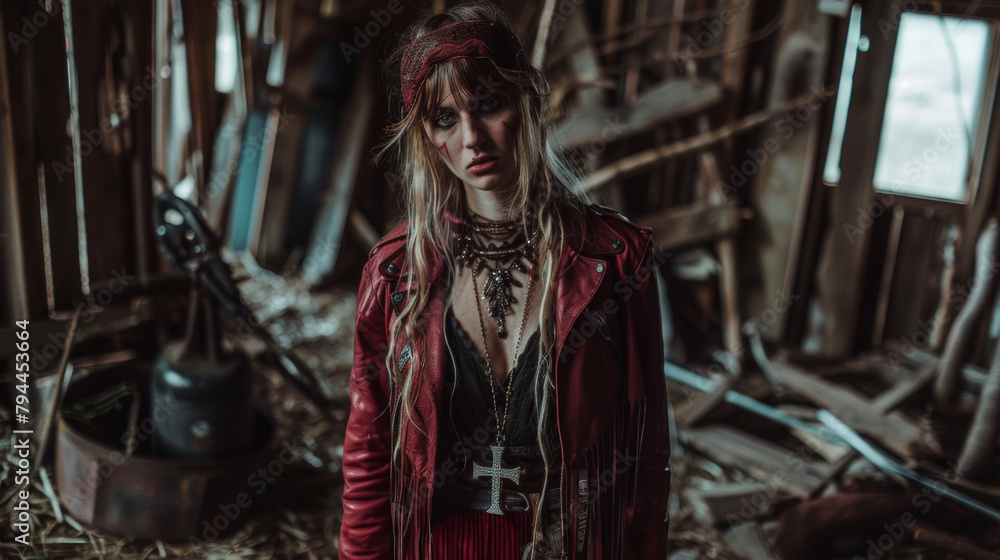 In a dilapidated barn the Crimson Cowgirl stands amidst the rusted tools and forgotten remnants of farm life. Her deep red suede skirt and leather fringe jacket paired .