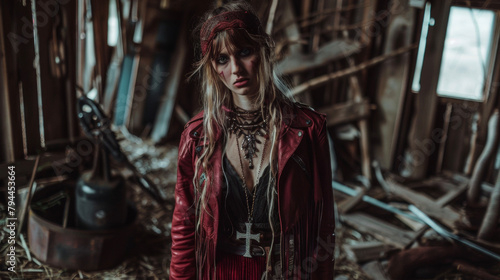 In a dilapidated barn the Crimson Cowgirl stands amidst the rusted tools and forgotten remnants of farm life. Her deep red suede skirt and leather fringe jacket paired .