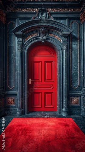 A red carpet in front of a large door with black walls  AI