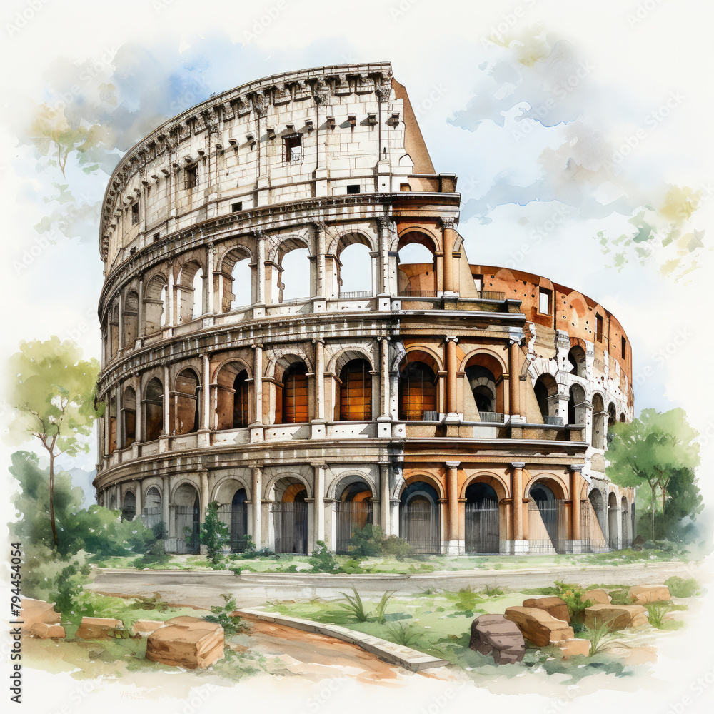 Fototapeta premium Watercolor colosseum, clipart Illustration, Generative Ai