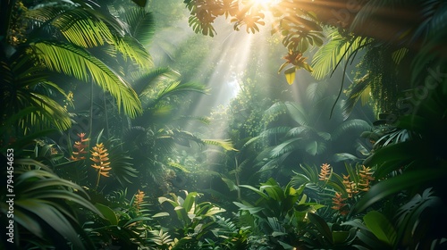 A lush tropical rainforest canopy  with sunlight streaming through the dense foliage  illuminating vibrant flora below hd 8k wallpaper  