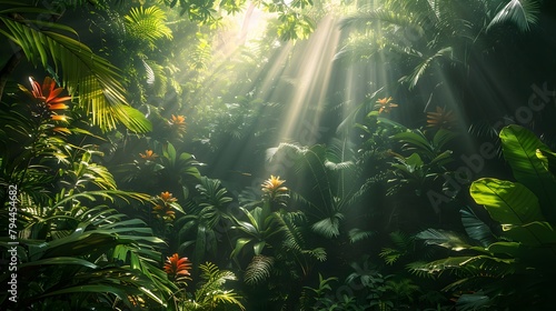 A lush tropical rainforest canopy  with sunlight streaming through the dense foliage  illuminating vibrant flora below hd 8k wallpaper  