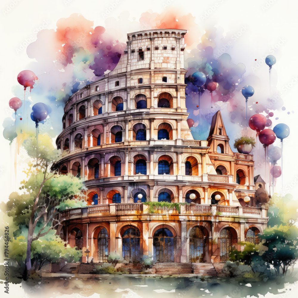 Obraz premium Watercolor colosseum, clipart Illustration, Generative Ai