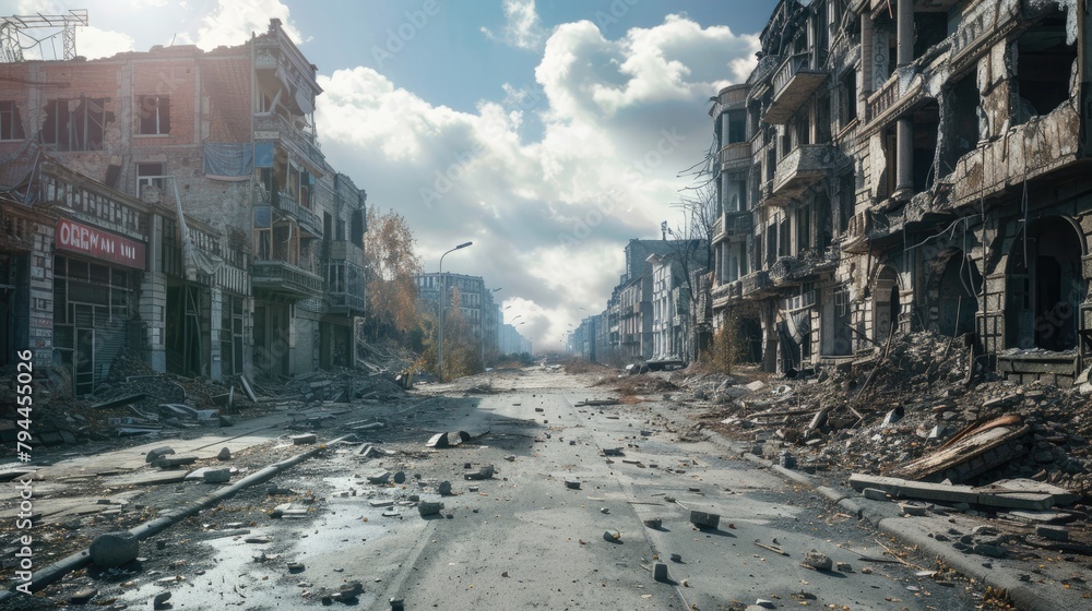 Destroyed city due to war, war in Ukraine, ruins consequences of war