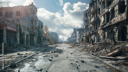 Destroyed city due to war, war in Ukraine, ruins consequences of war © Stitch