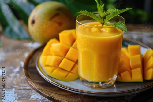 Fresh Mango Smoothie in Glass with Sliced Mango and Mint on Ceramic Plate