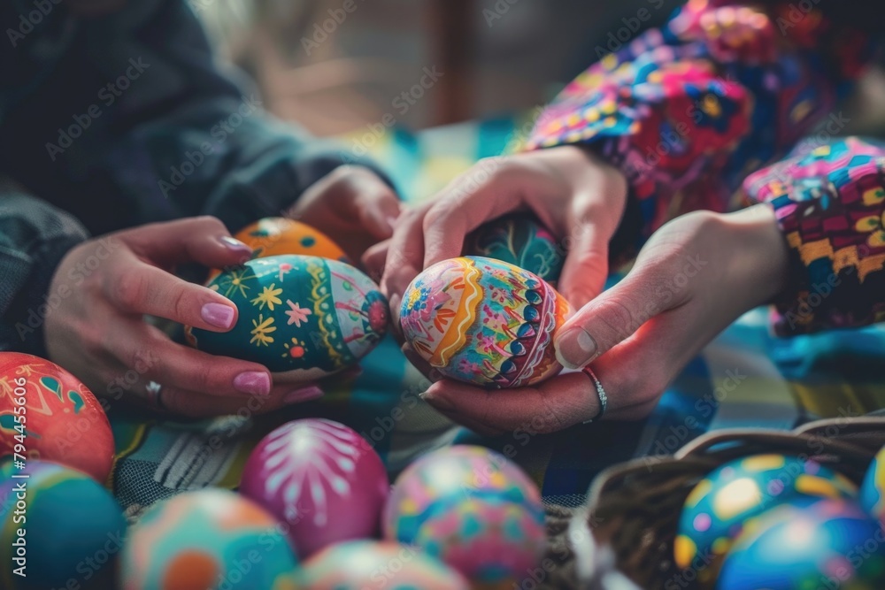 Artisanal hand-painted Easter eggs held by elderly hands showing traditional designs