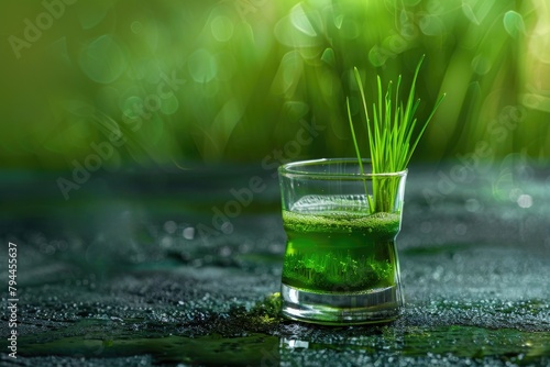 glasses of green wheatgrass shots with fresh wheatgrass blades on a reflective surface in daylight