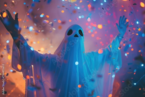 Person in ghost costume with outstretched arms amidst falling confetti, party mood with colorful background