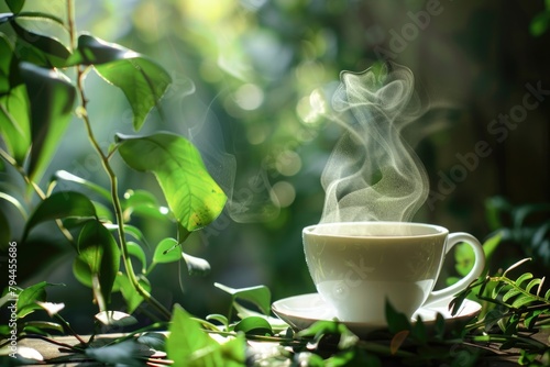 Steaming cup of coffee in the sunlight on a wooden surface surrounded by green foliage in a serene setting