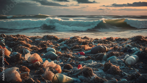 Environmental protection concept. Garbage dump on the seashore. photo
