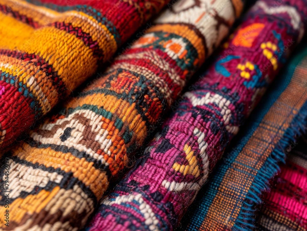 A close up of a stack of colorful handwoven turkish carpets with intricate geometric patterns and bright colors. A close up of a stack of colorful handwoven turkish carpets with intricate geometric patterns and bright colors.