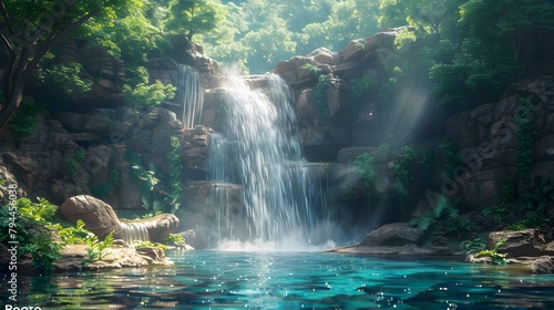 A majestic waterfall cascading down rugged cliffs into a crystal-clear pool below  surrounded by lush greenery 8k wallpaper  