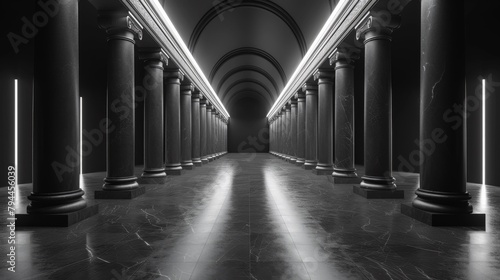 A long hallway with pillars and lights in the middle, AI photo