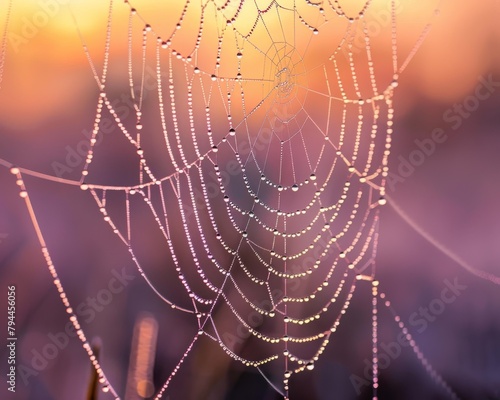A close up of a spider web with morning dew on it.