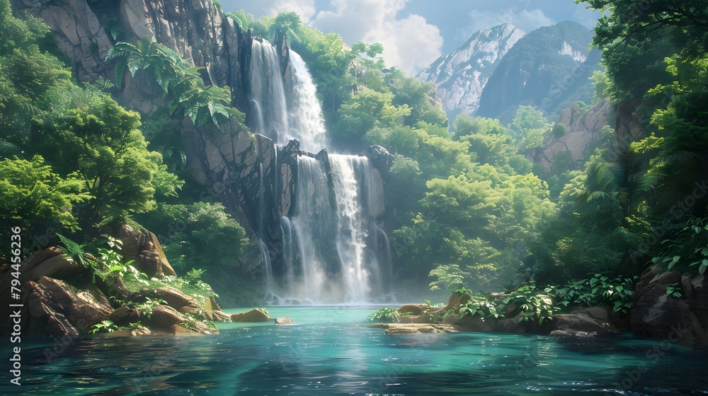 A majestic waterfall cascading down rugged cliffs into a crystal-clear pool below, surrounded by lush greenery 8k wallpaper  