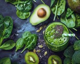 A green smoothie made with spinach, avocado, kiwi, and chia seeds, surrounded by the ingredients.