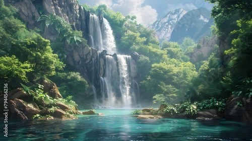 A majestic waterfall cascading down rugged cliffs into a crystal-clear pool below, surrounded by lush greenery 8k wallpaper 