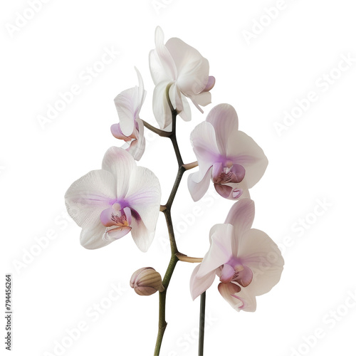A solitary Phalaenopsis flower flaunting its delicate white and purple petals stands out against a clear transparent background