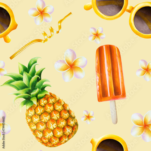 Watercolor tropical seamless pattern with illustrations with fruit ice cream, straw for cocktail, pineapple, sunglasses, frangipani isolated on background. Beautiful hand painted refreshing dessert