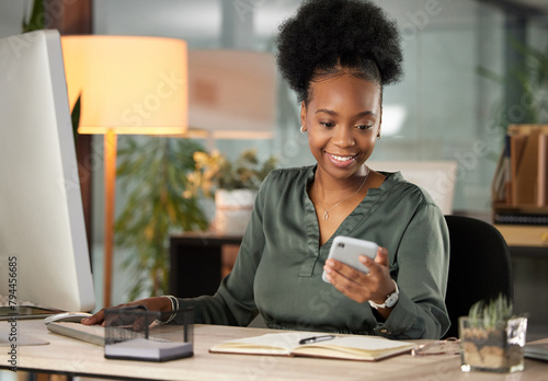 Communication, smile and technology with business black woman at desk in office for administration or research. Laptop, notebook and phone with happy employee in workplace for mobile networking