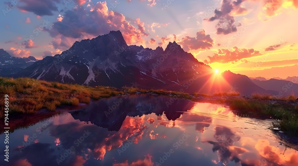 A mountain landscape at sunset with a reflection of the sun's rays on a nearby body of water adding a stunning and unique perspective 8k hd  