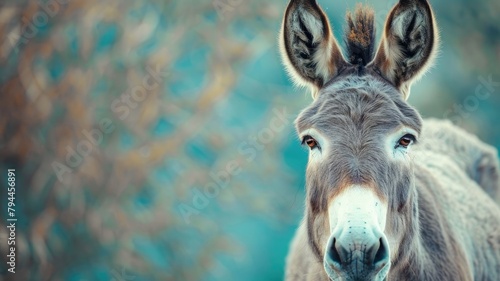 Close-up of grey donkey with large ears against blurred background