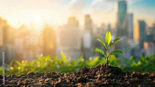 Young plant sprouting in urban soil against cityscape at sunrise photo