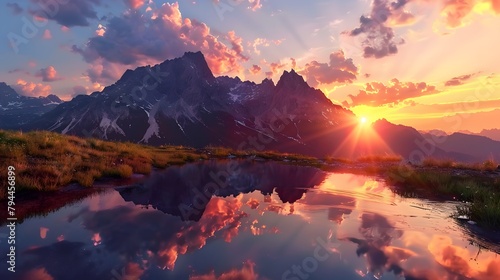 A mountain landscape at sunset with a reflection of the sun's rays on a nearby body of water adding a stunning and unique perspective 8k hd   © Love Muhammad