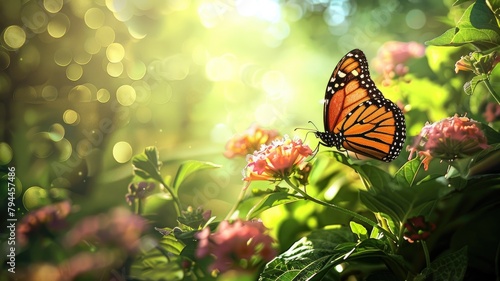Monarch butterfly on pink flowers with sun glare photo