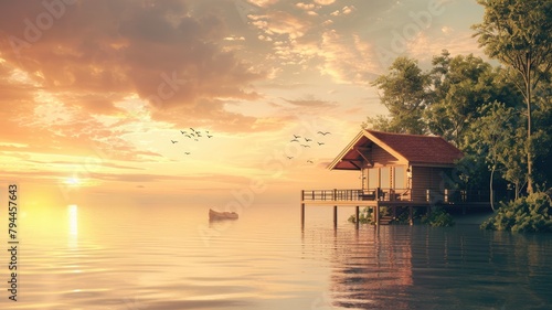 Serene lakeside cabin at sunrise with birds flying and boat on calm water © Татьяна Макарова
