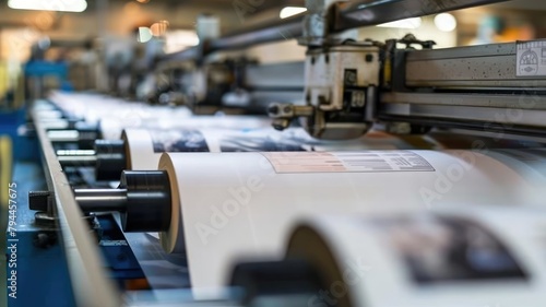 Industrial printing press machine producing large rolls of paper with printed material