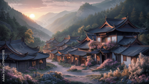 This image captures a serene scene of a traditional East Asian village tucked in a valley at sunset. It features multi-tiered houses with distinctive curved roofs, nestled amongst lush green moun... photo