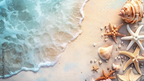 Beach scene with seashells, starfish, and wave on sandy shore