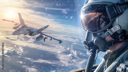 Pilot in cockpit with fighter jet flying among clouds photo